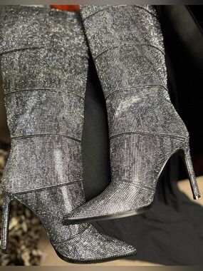 Steve Madden Silver Crystal-Embellished Stiletto Boots